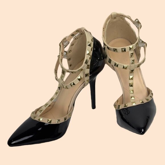 Wild Diva Lounge 64 Sexy Stud Patent Leather Stiletto Black Beige Heels Size 9 - Picture 6 of 16
